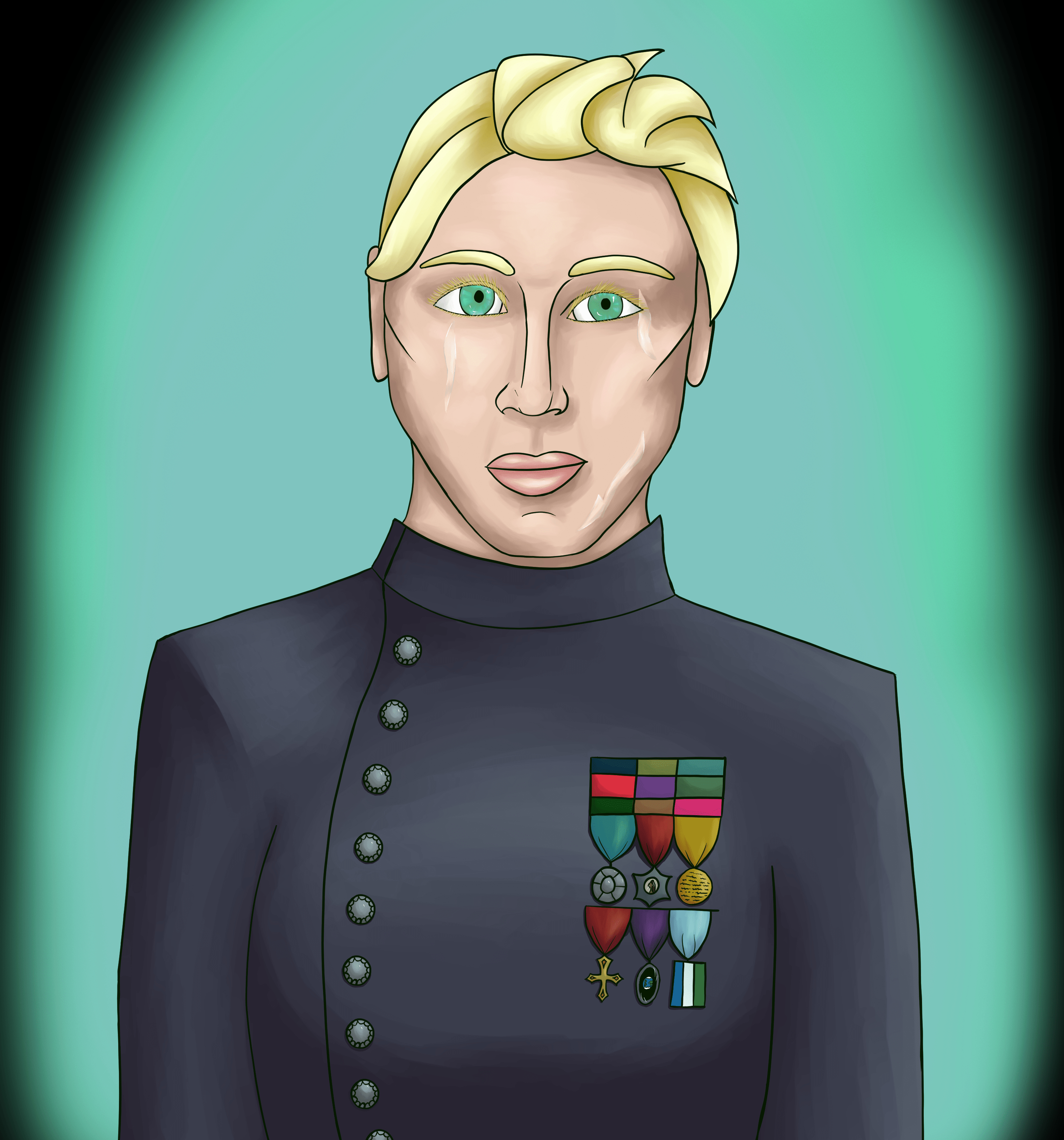 Digitally painted portrait of Pippa Banks, a stern looking blonde woman with short hair wearing a military uniform with a plethora of medals on her chest.